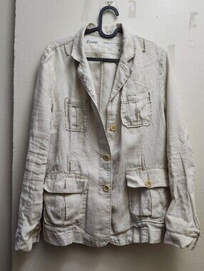 Light Beige Women's Linen Jacket - Neutral Casual Coat Good Condition